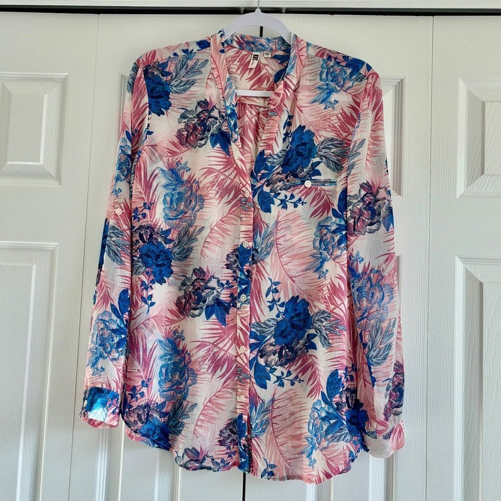 Kut From The Kloth Blouse Women’s Medium Floral Pink Blue Resortwear Tropical